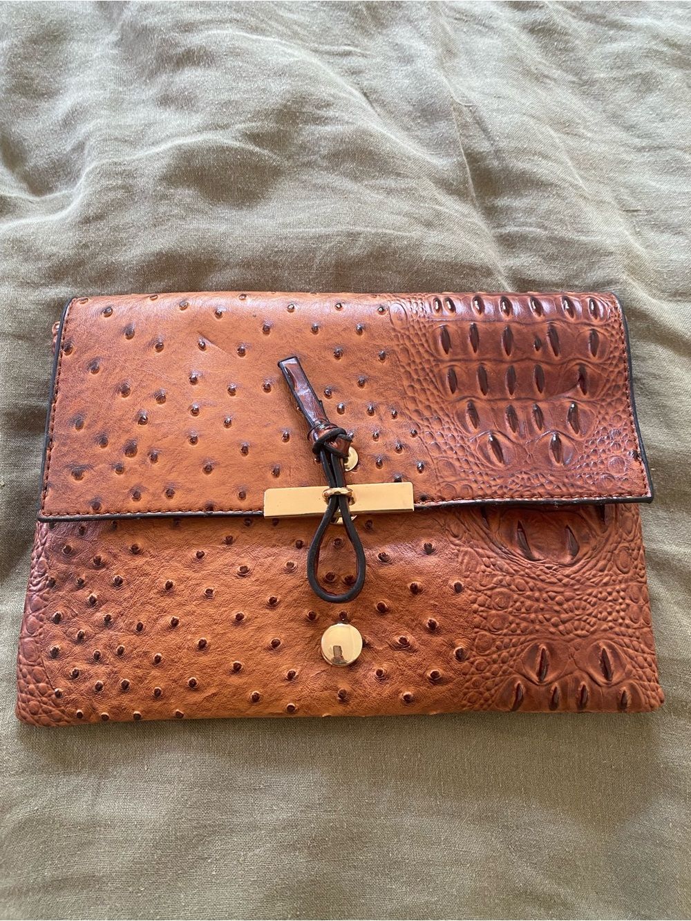 Brown Embossed Clutch with Gold Accent
